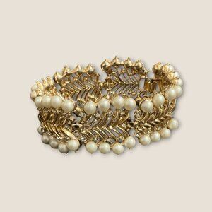 Vintage Estate Crown Trifari Rhinestone And Faux Pearl Panel Bracelet 7”